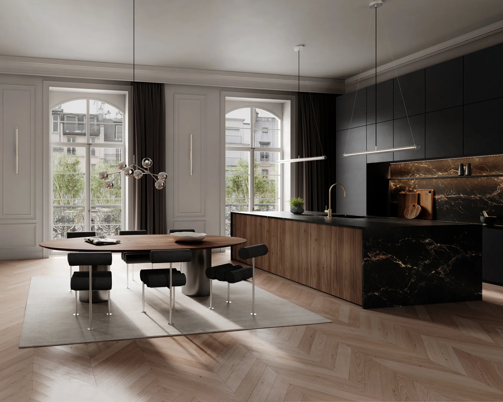 Hiro ダイニングチェア, Stainless steel-aniline leather black 101 Copenhagen