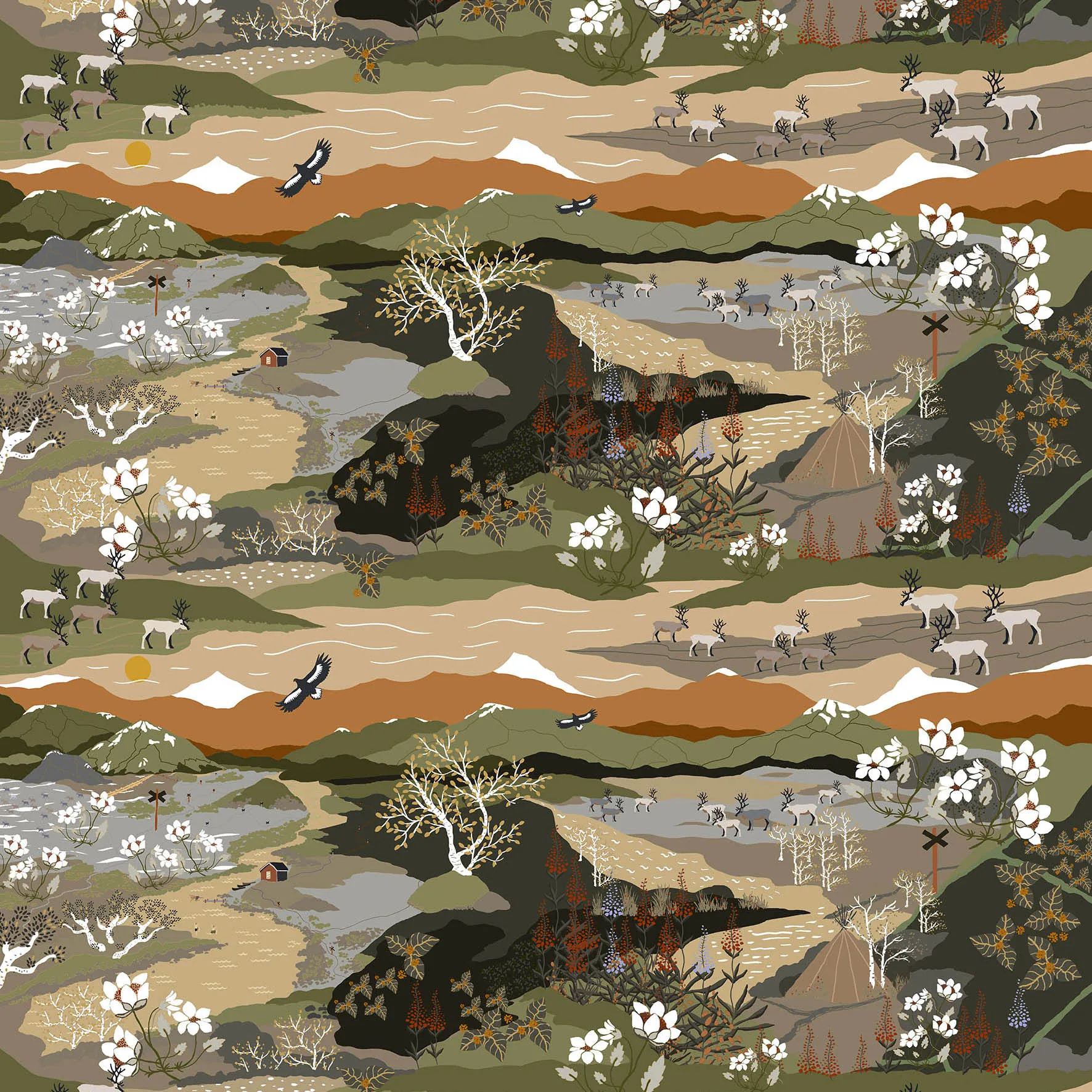 Fjällvandring ファブリック, green-rust Arvidssons Textil | アルビットソン