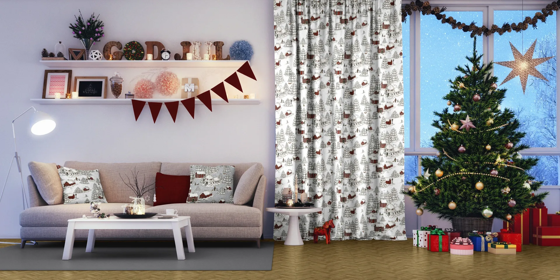 Timmerbyn ファブリック, Off white-grey-red Arvidssons Textil | アルビットソン