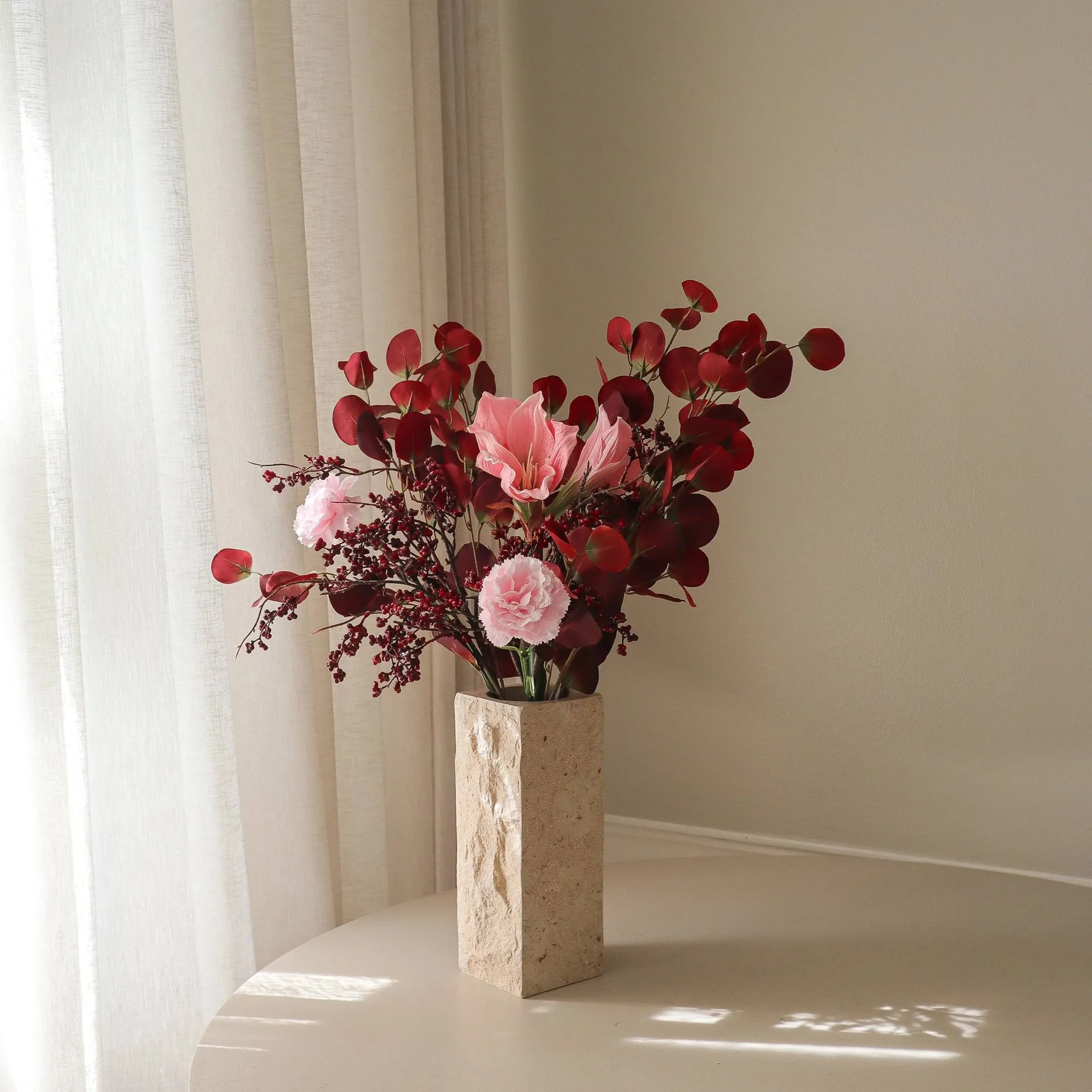 Burgundy blush artificial bouquet, Amaryllis, carnation, berry branches, eucalyptus, 84 cm Botané | ボタネ