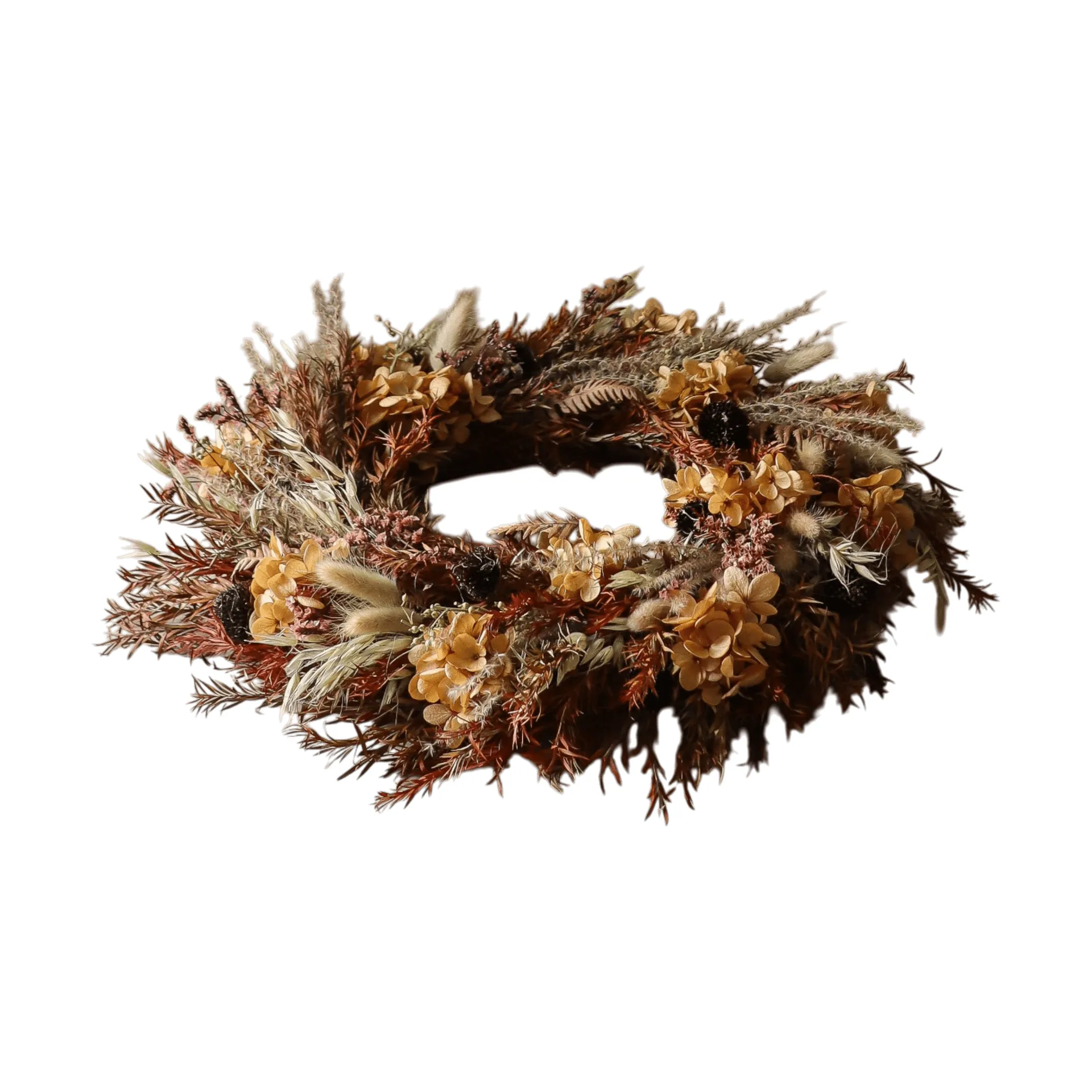 Golden Meadow Wreath 花冠, アジサイ・ドライグラス・シダ・ラビットイヤー、直径40 cm Botané | ボタネ