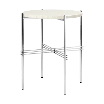 TS サイドテーブル polished steel Ø40 - Neutral white travertine - GUBI | グビ