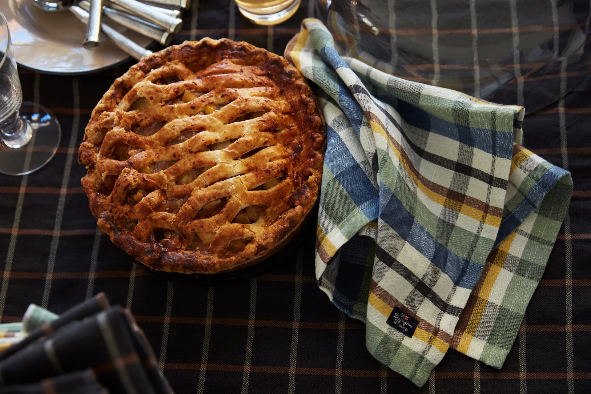 チェック コットン リネン テーブルクロス 150x250 cm, Dark grey-beige Lexington | レキシントン