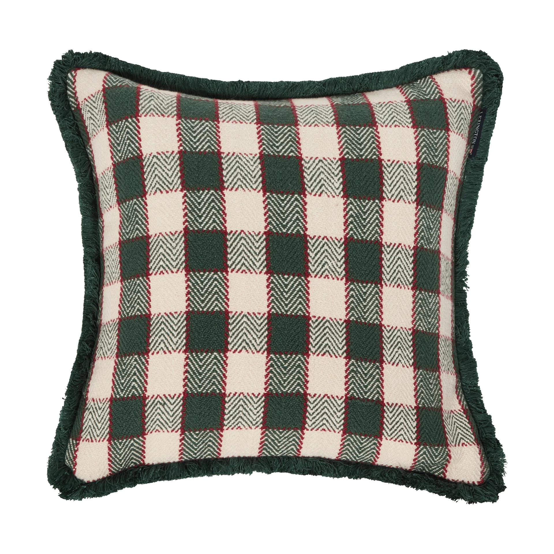 Checked organic cotton fringe クッションカバー, Green-light beige-red Lexington | レキシントン