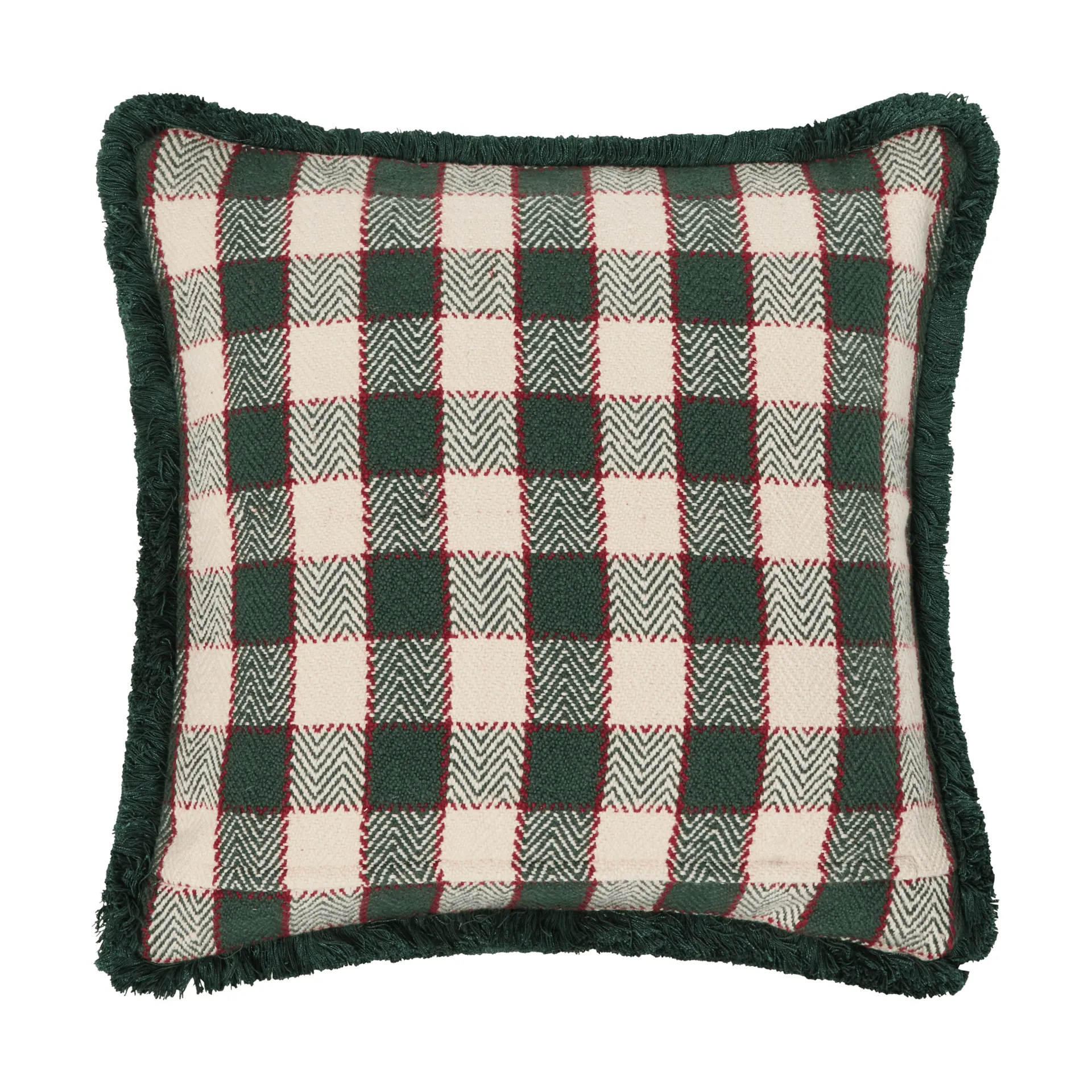 Checked organic cotton fringe クッションカバー, Green-light beige-red Lexington | レキシントン