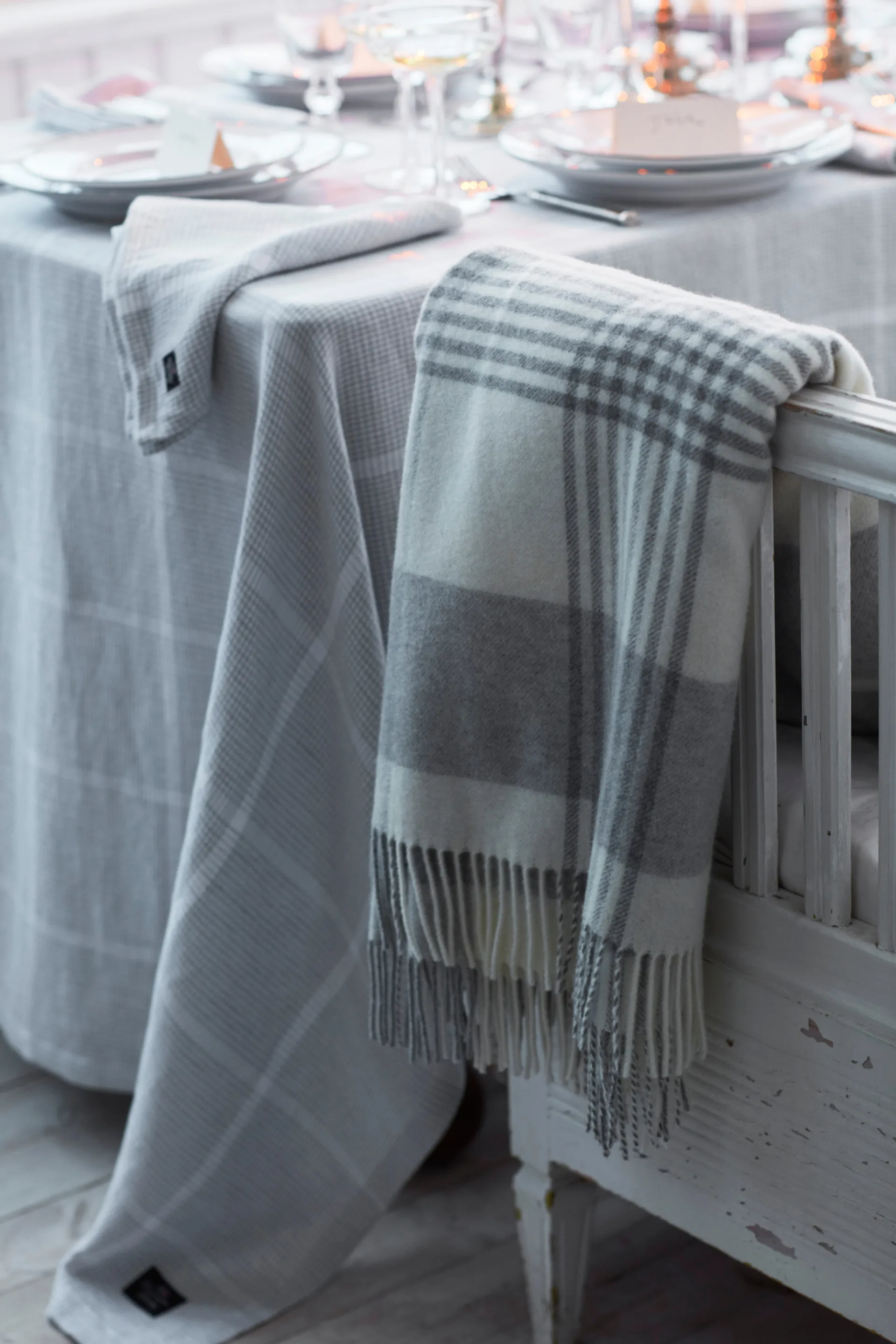 Pepita チェック コットンリネン テーブルクロス 150x350 cm, White-light grey Lexington | レキシントン