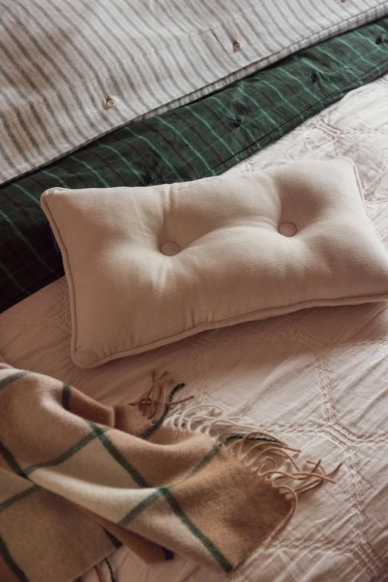 Stripe コットンフランネル 寝具セット, White-green-beige, 2 pcs 50x60 cm/1 pcs 220x220 cm Lexington | レキシントン