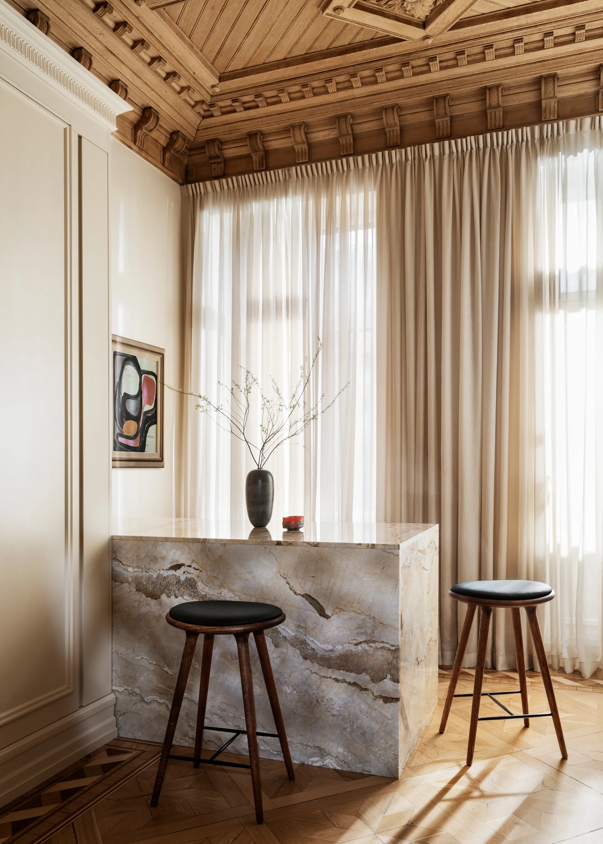 Mater ハイスツール バースツール low 69cm, leather black, brown stained beech stand Mater