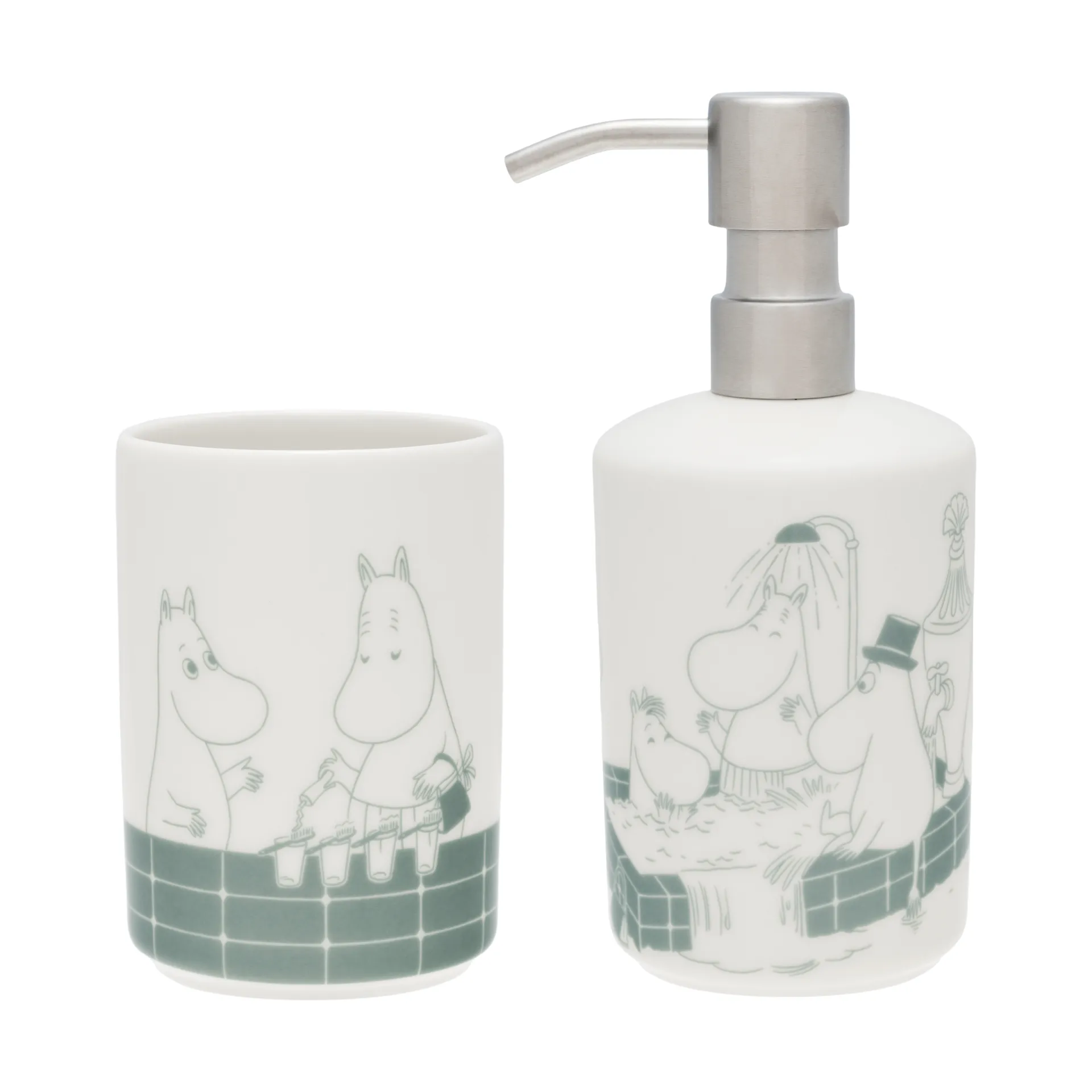 ムーミン ソープディスペンサー ＆ 歯ブラシホルダー, Bath time green-white Moomin Arabia