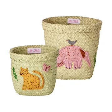 Rice Raffia 収納バスケット round 2個セット - Animal Embroidery-Pink-orange - RICE | ライス
