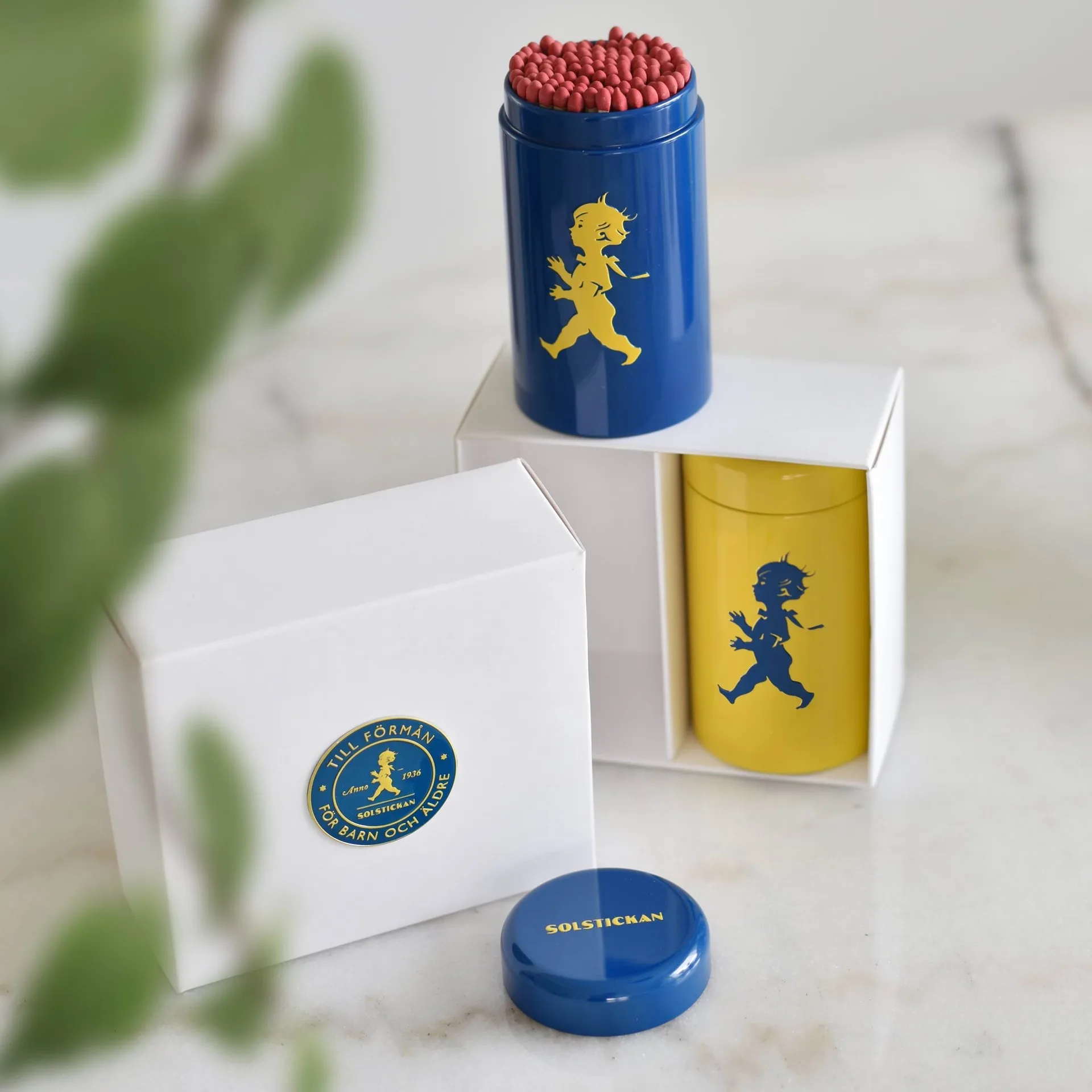 Solstickan マッチ筒 2個セット ギフトボックス入り, Yellow, blue Solstickan Design