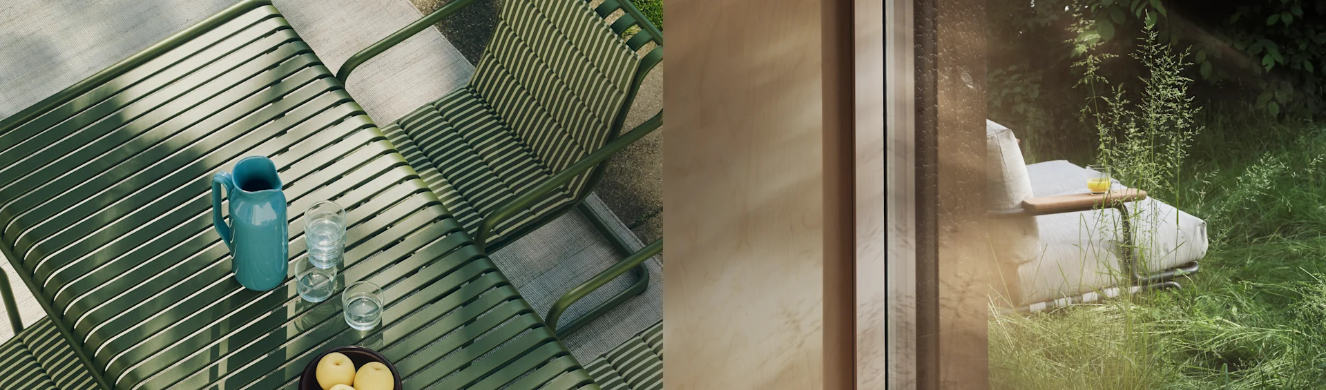 分割画像：緑のスラット製屋外テーブルにピッチャー、グラス、果物。右：窓から見える緑豊かな庭にある白いラウンジチェア。